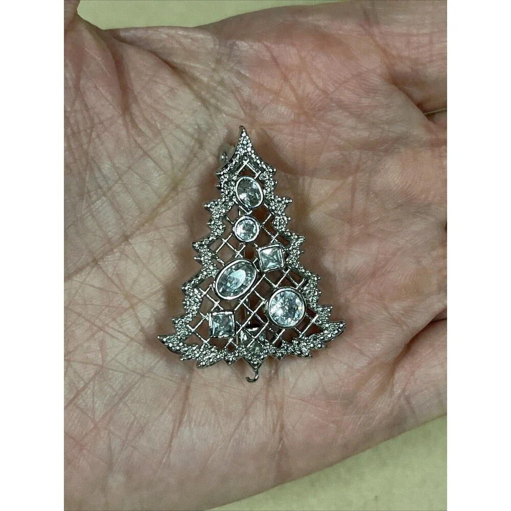 SILVER CUBIC ZIRCONIA? Christmas Tree BROOCH PIN With Clear Stones VTG‎ HTF